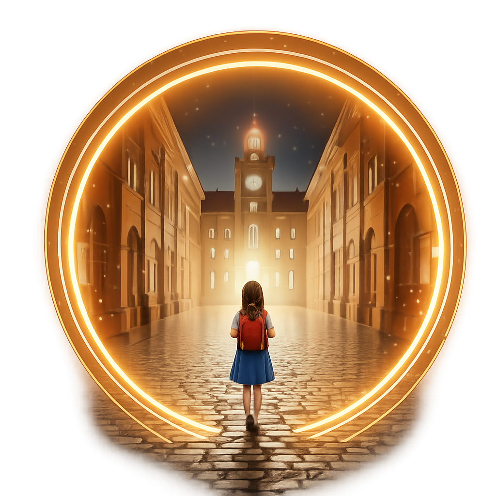 School Portal — students walking through golden arch